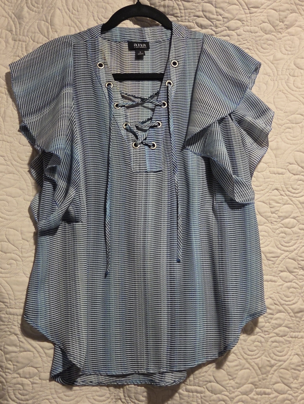 Anna Blue and White Striped Lace-Up Ruffle Sleeve Top